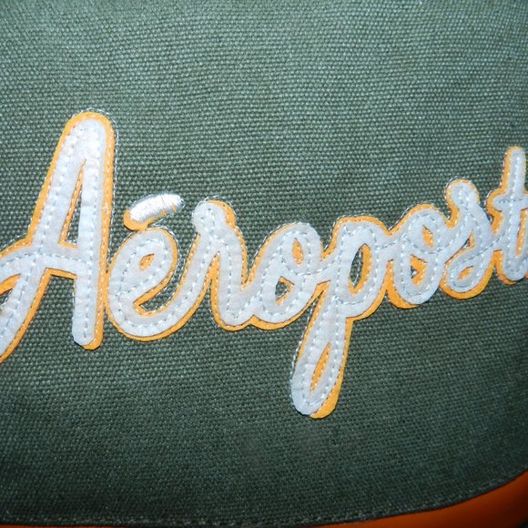 Aeropostale 18" Logo Canvas Backpack Olive Green Orange Leather NEW/NWT - Picture 3 of 15